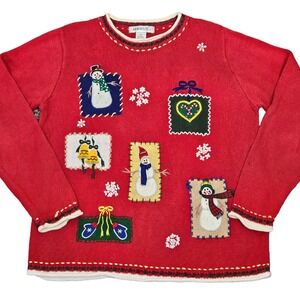 Arriviste Christmas Sweater Size Medium Vintage Ugly Red Snowman Long Sleeve